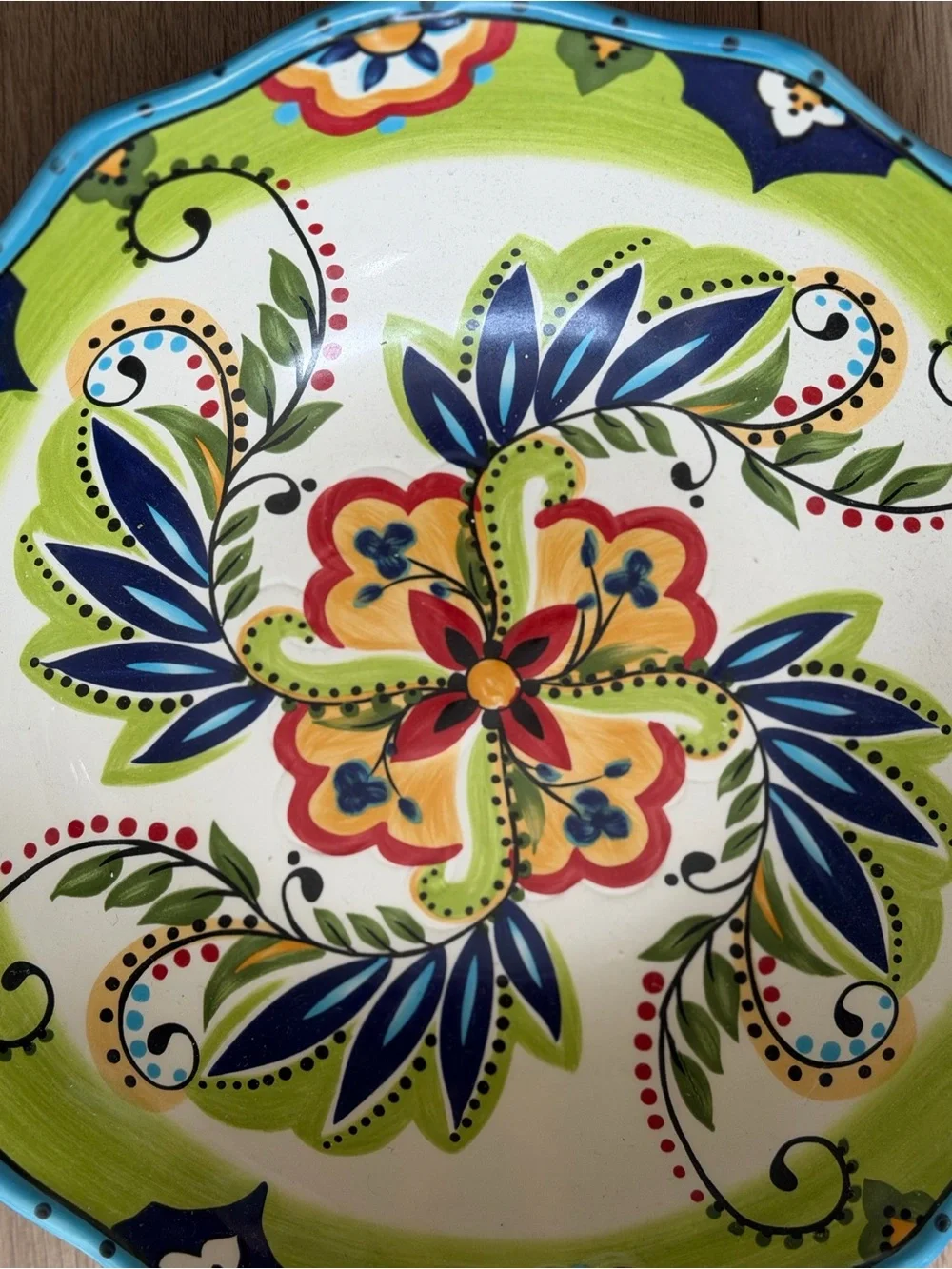 Hand-Painted Floral Ceramic Serving Bowl - Blue, Green, Yellow, Red